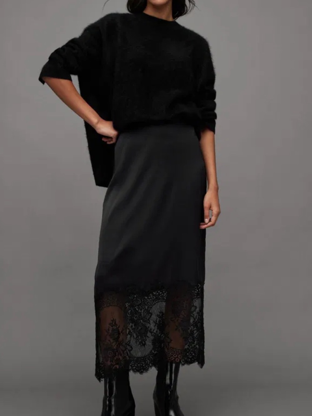 AllSaints Flora Lace Panel Midi Skirt Black Gothic Size 2